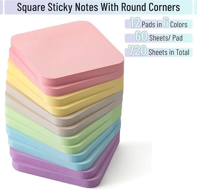 Mr. Pen- Sticky Notes, 12 Pads, 720 Sheets, Pastel Color | Round Corner Sticky - Image 2