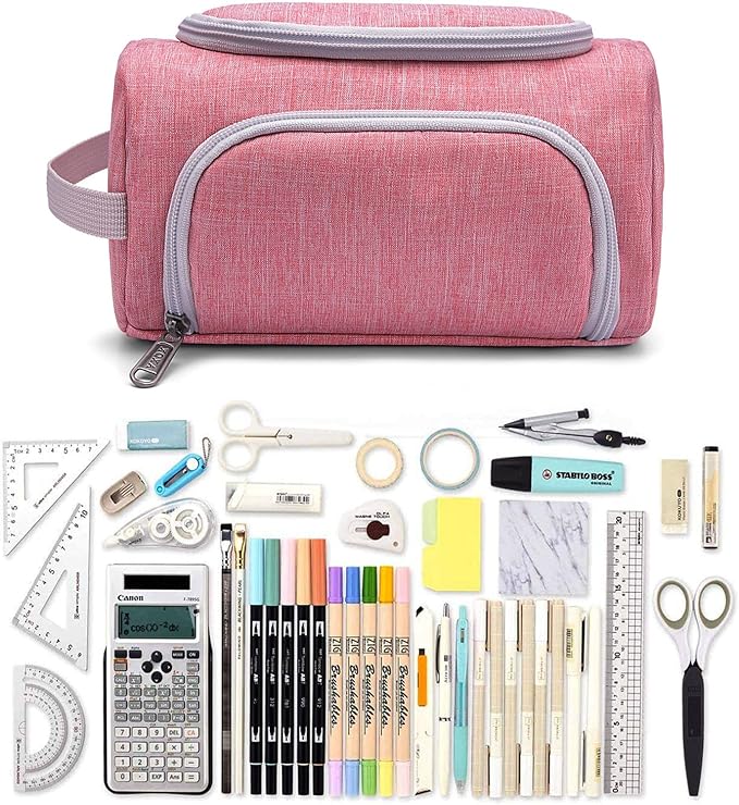 XQXA Extra Large Capacity Pencil Case Organizer, Multifunctional Pencil Pouch with Compartmens, Travel Simple Stationery Bag, Nylon Pencil Bag for Adults (Pink)-DeskLoop Office