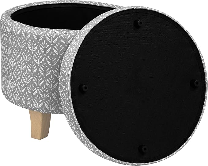 HomePop Upholstered Round Storage Ottoman|Homepop Home Décor|Upholstered Round Foot Rest Ottoman - Light Grey Print-DeskLoop Office
