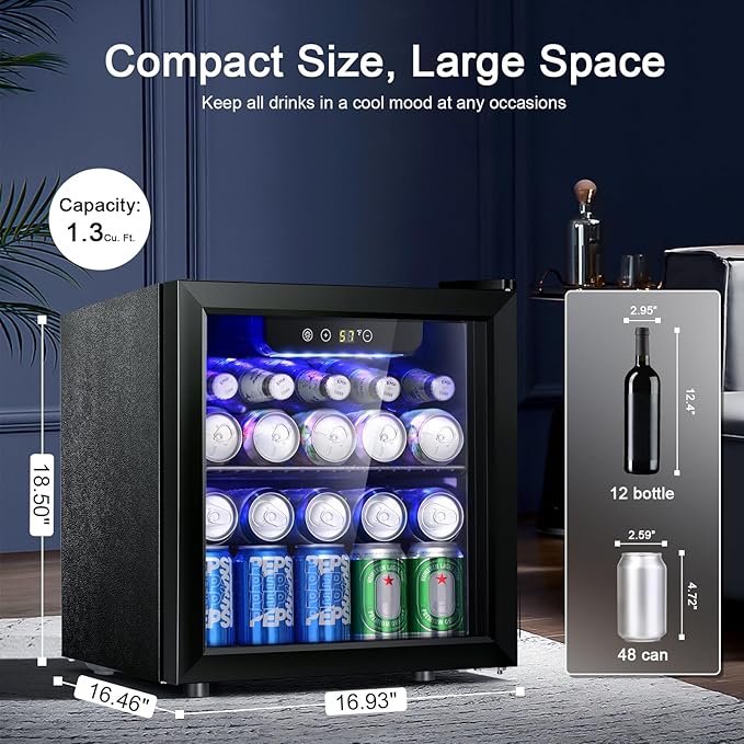 Antarctic Star 12 Bottle/48 Can Beverage Refrigerator, Wine Cooler/Cabinet, Mini Drink Fridge, Clear Front Glass Door Counter Top Red Cellar Beer Soda Bar Quiet Compressor Freestanding 1.3 cu.ft.-DeskLoop Office