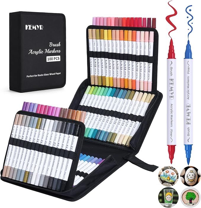 100 Colors Brush & Fine Tip Acrylic Paint Pens, Dual Tip Acrylic Paint Markers for Paper, Wood, Canvas, Stone, Rock, Glass, Fabric, DIY, Ceramic, Art Supplies for Kids and Adults Drawing-DeskLoop Office