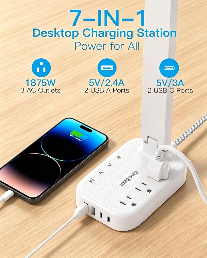 One Beat Small LED Desk Lamp Power Strip 10ft Extension Cord, 3 Outlets 4 USB - Image 3