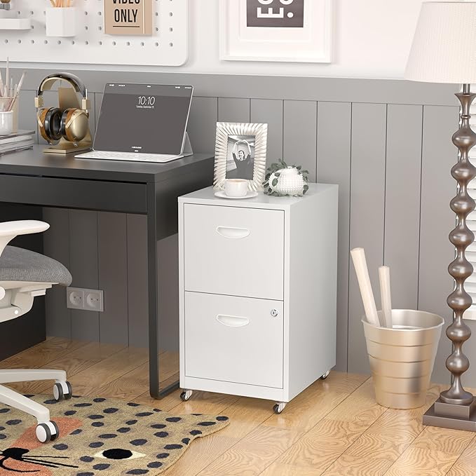 2 Drawer File Cabinet with Lock，White Rolling File Cabinet for Home Office, Metal Small Mobile Filing Cabinets on Wheels for Hanging Letter