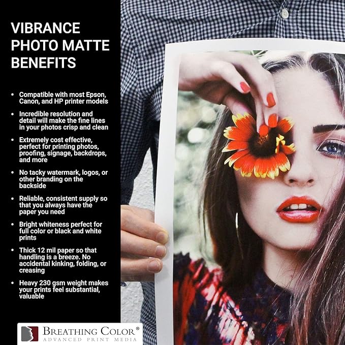 Vibrance Matte Photo Printer Paper 12 mil 230 gsm Matte Finish Premium Photo Paper Roll on 3in Core 10 inches x 100 ft Works with Most Inkjet Printer Professional Makes and Models Like Epson Canon HP