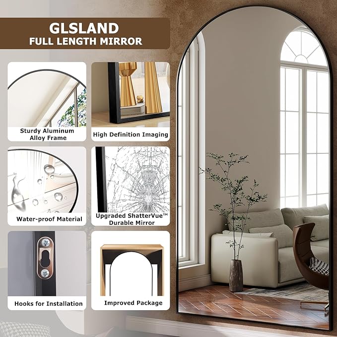 GLSLAND-38x77 inch Arched Full Length Mirror - Floor Mirrors Aluminum Alloy Frame Full Body Dressing Mirror for Bedroom Living Room,Black-DeskLoop Office