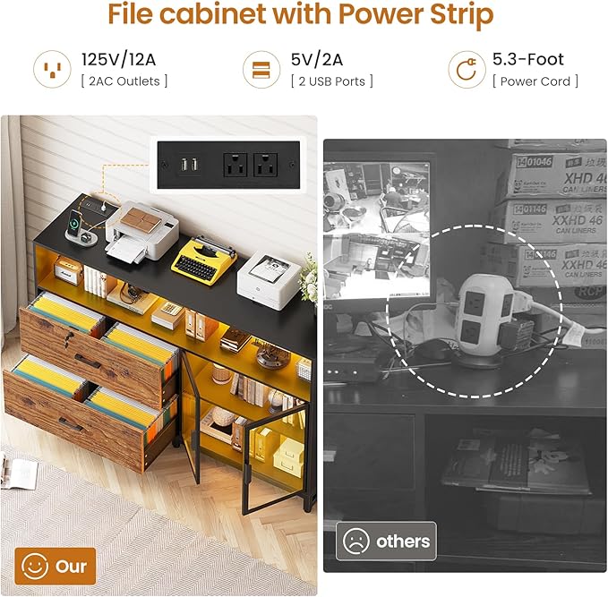 SEDETA 59" File Cabinet, 2 Drawers Filing Cabinets for Home Office fit Legal/Letter/A4 File, File Cabinet with Lock & Power Outlets, Printer Stand with Storage & LED Lights, Rustic Brown-DeskLoop Office