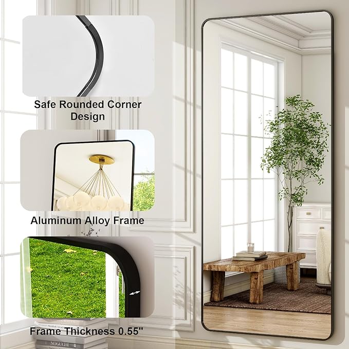 HARRITPURE 71x32 inch Rounded Full Length Mirror Aluminum Frame Black Mirror Full Length Floor Mirror with Stand for Living Room Bedroom Cloakroom-DeskLoop Office