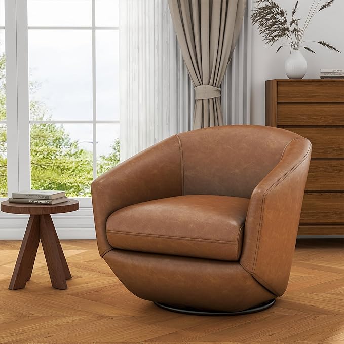 UIXE Faux Leather Swivel Accent Chairs Set of 2, Barrel Chair Upholstered Club Armchair for Living Room, Comfy Single Sofa Bedroom Side Reading Seat - Brown-DeskLoop Office