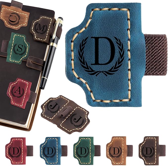 Artlaza Personalized Magnetic Leather Bookmark with Pen Holder - 26 Letters Custom Book Mark with Name Initial Engraved Book Marker for Readers, Book Lovers, Travelers - Gift for Women & Men(Blue，D