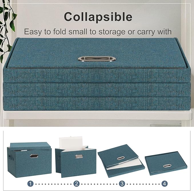 Large 17" 36 Quart Collapsible Stackable Storage Bins with Lids, 3 Packs Blue-Green Linen Fabric Closet Boxes with Lids, Storage Cube Baskets Container Organizers for Bedroom (17x12x11)-DeskLoop Office