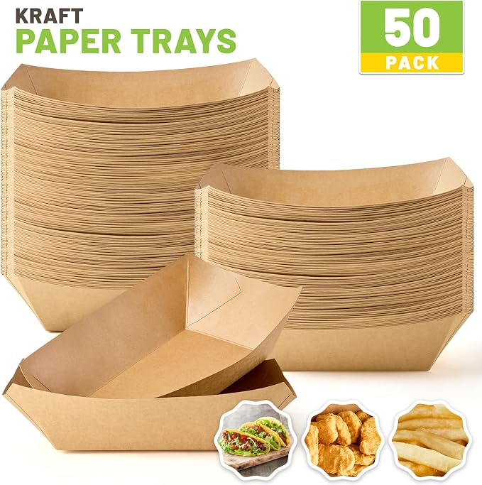 ZORRITA Large Paper Food Trays, 4 LB, 50 Pack, Disposable | Kraft Food Boats - Image 3
