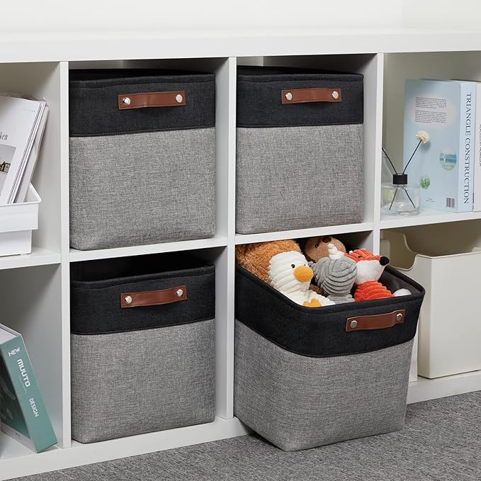 DULLEMELO Cube Collapsible Storage Bins, 12 inch Fabric Storage Cubes Bins Canvas Organization Baskets, Linen Closet Organizers Boxes for Home Organization and Storage (4 Pack - 12" Black&Grey)-DeskLoop Office
