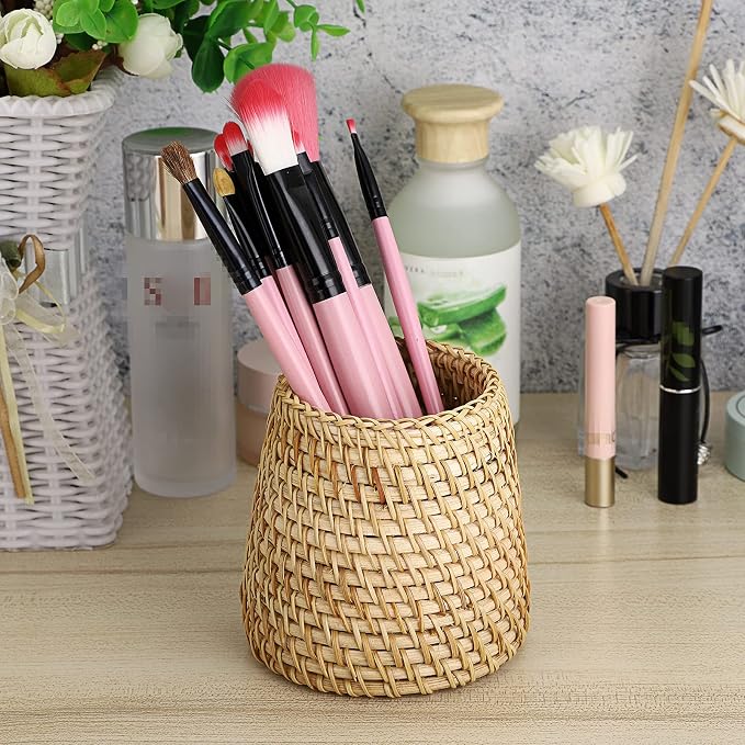 BTSKY Rattan Pen Cup, Handmade Desk Pencil Holders Makeup Brush Holder - Image 6