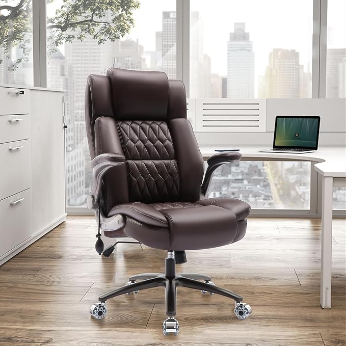 Large High Back Office Chair - Adjustable Lumbar Support Flip Up Arms Heavy Duty Quiet Wheels Metal Base Breathable Bonded Leather Ergonomic Executive Computer Desk Chair with Storage Bags, Brown-DeskLoop Office