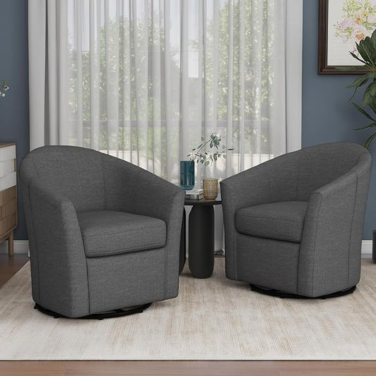 UIXE 360° Swivel Barrel Accent Chairs Set of 2, Modern Round Arm Chair Upholstered Club Armchair, Single Sofa Seating in Fabric for Living Room, Bedroom (Dark Grey)-DeskLoop Office