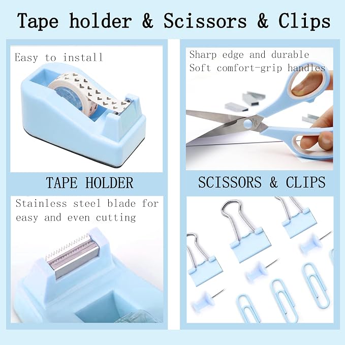Dimonluce Blue Desk Accessories, Staple Remover, 1000 Staples, Clips Set - Image 3