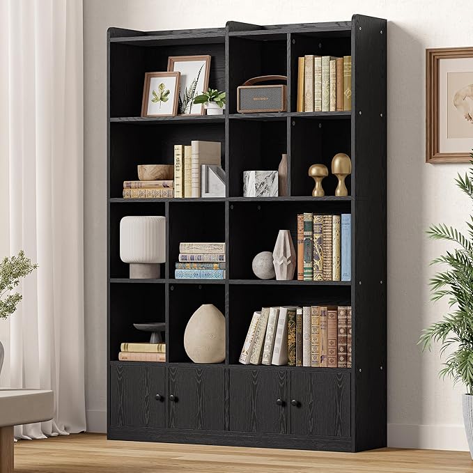 IRONCK Bookshelves and Bookcase, 6 Tiers Large Bookshelf with 4 Doors, Floor Standing Tall Display Storage Shelves for Home Office, Living Room, Bedroom, Black-DeskLoop Office