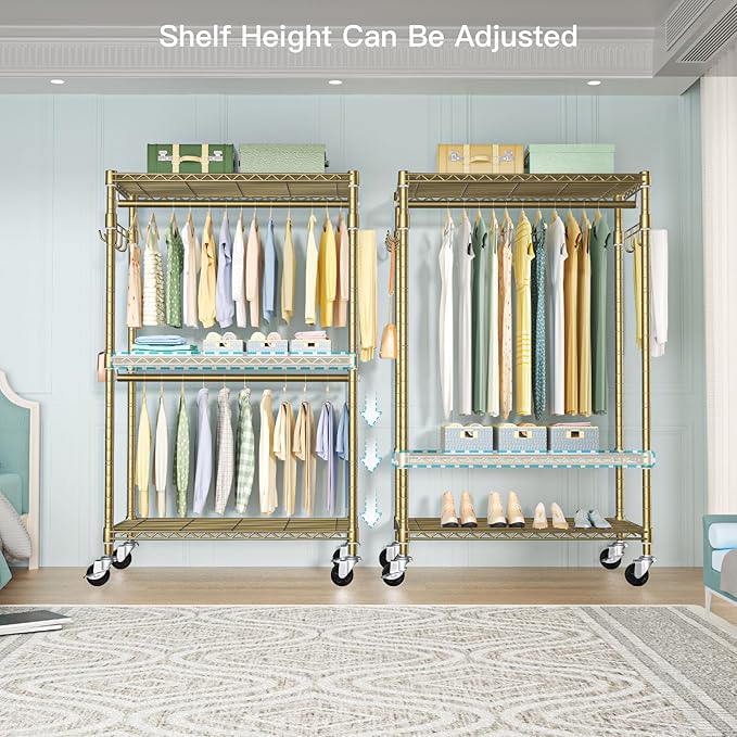 P1 Rolling Clothes Rack, Movable Metal Garment Closet Organizer with Lockable Wheels, Clothing Wardrobe with Double Hanger Rods and Hooks, 35.4" W x 15.7" D x 80.5" H, Load 450lbs, Gold-DeskLoop Office