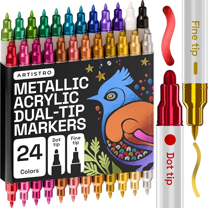 ARTISTRO 24 Metallic Dual-Tip Acrylic Paint Markers – Paint Pens Set by ARTISTRO