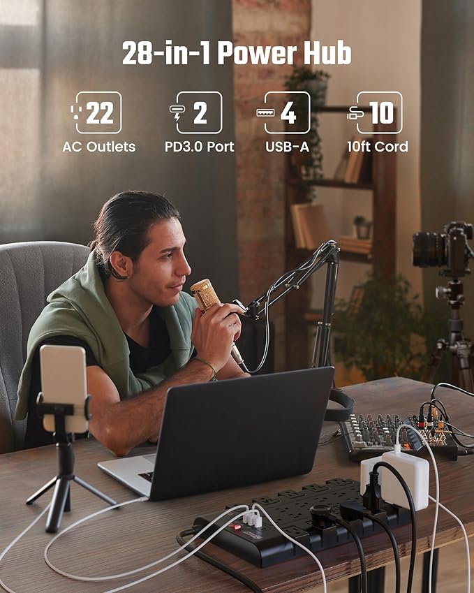 10Ft Power Strip Surge Protector, SUPERDANNY Charging Station 22 Outlets with 45W Type-C Fast Charging USB Ports, 4 USB-A, 2 USB-C, 2100J, 15A/1875W, Flat Plug Extension Cord for Home Office Black-DeskLoop Office