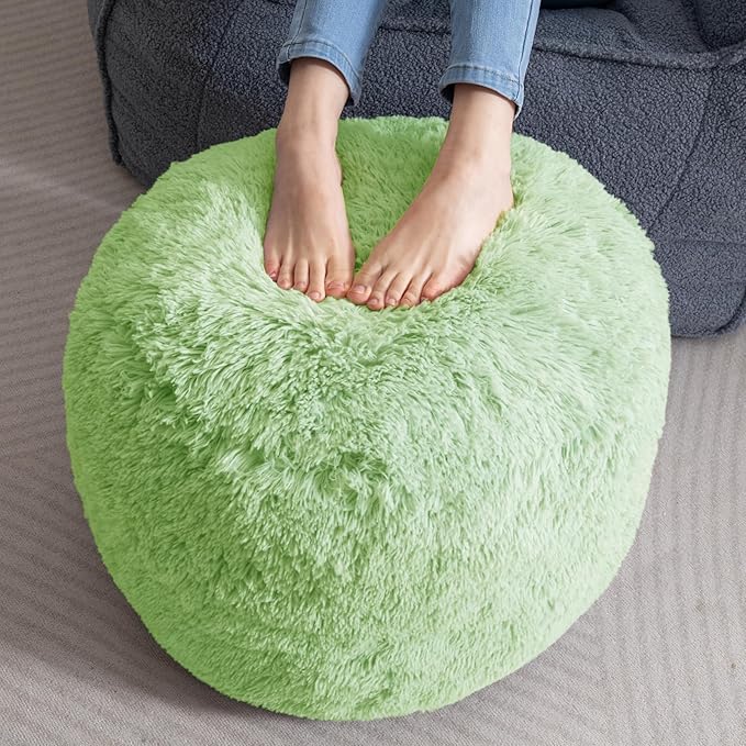 HIGOGOGO Round Stuffed Pouf Ottoman, Long Faux Fur Poufs with Foam Chunk Filling, Fluffy and Furry Pouf Foot Stool Storage Ottoman, 20 X 15 Floor Poufs Foot Rest for Living Room, Green-DeskLoop Office
