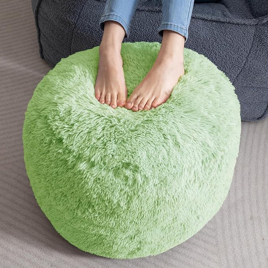 HIGOGOGO Round Stuffed Pouf Ottoman, Long Faux Fur Poufs with Foam Chunk Filling, Fluffy and Furry Pouf Foot Stool Storage Ottoman, 20 X 15 Floor Poufs Foot Rest for Living Room, Green-DeskLoop Office