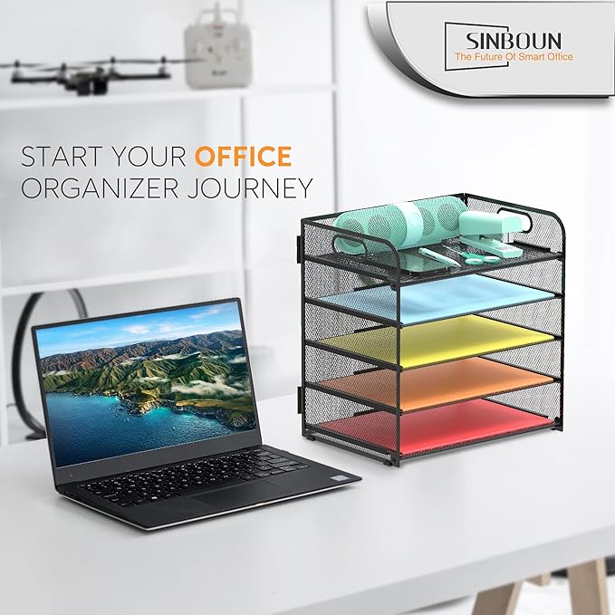 Letter Tray Paper Organizer 5-Tier Desk Organizer File Organizer Paper Holder with Handle, Metal Desktop Document Shelf Tray Office Classroom Organization - Black-DeskLoop Office