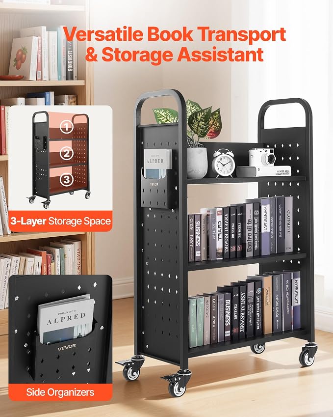 VEVOR Rolling Library Book Cart, 330 lbs Capacity, 30.3 x 15 x 48.0-Inch - Image 4