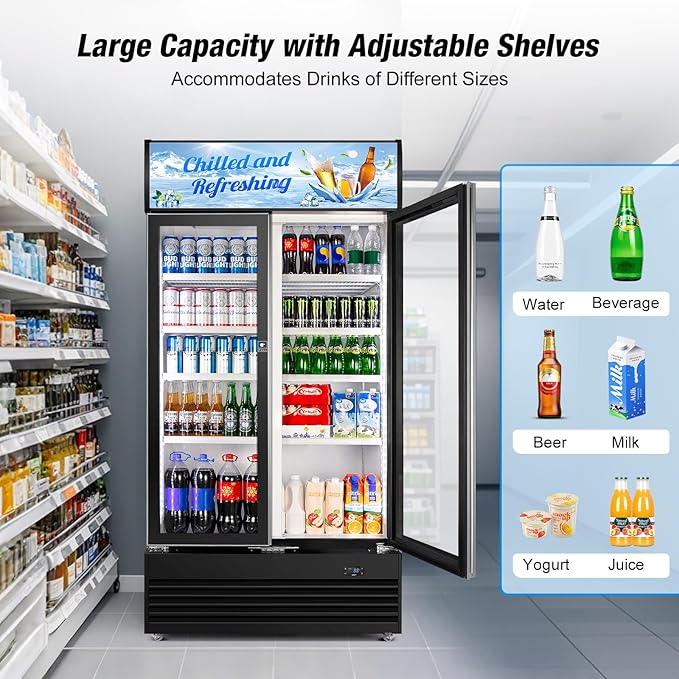 Commercial Beverage Refrigerator, 40 Inch 35 Cu.Ft. Commercial Drink Fridge, Display Refrigerator with Double Glass Door, Commercial Display Fridge with 8 Adjustable Shelves, for Shop,Restaurant,Bar-DeskLoop Office