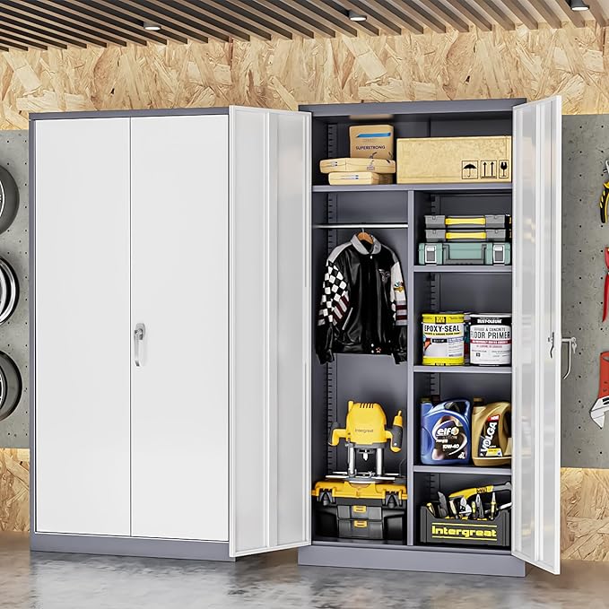 INTERGREAT Metal Storage Cabinet,72 Tall Armoire Wardrobe Closet with Doors,Grey White Storage Locker Cabinets with Adjustable Shelves and Removable Hanging Rods-DeskLoop Office