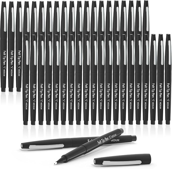 Lelix Felt Tip Pens, 40 Black Pack, 0.7mm Medium Point, Felt Tip Markers Pens by EnjoySilkyWritingwithLelix