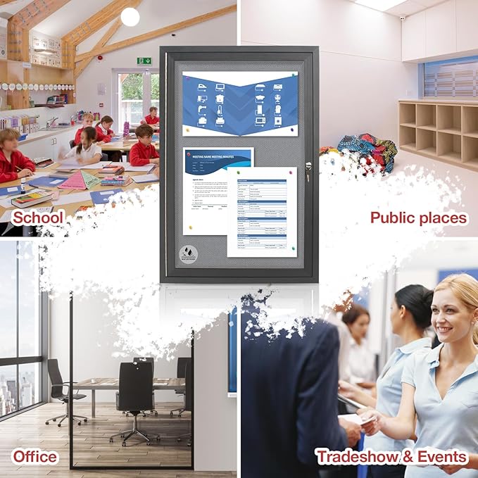 Outdoor Weatherproof Enclosed Fabric Bulletin Board,Noticeboard Case with Lockable Glass Door, Grey Felt,Black Aluminum Frame, 36x24 Inch (5xA4)-DeskLoop Office