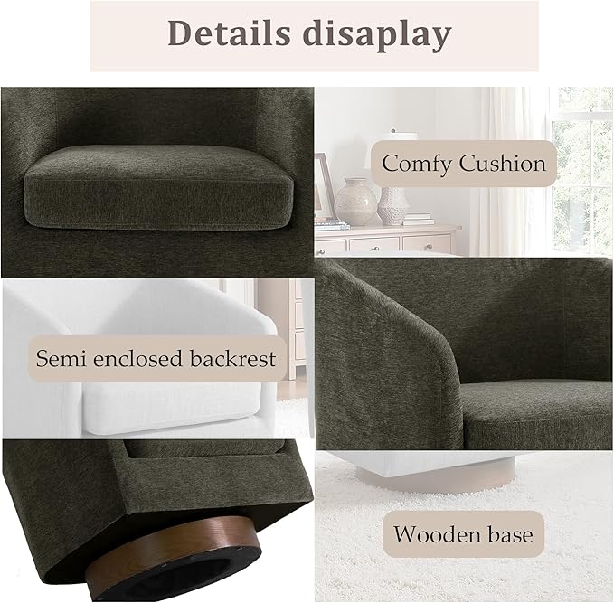 UIXE Swivel Accent Chair with Wood Base, Chenille Upholstered Barrel Chairs for Living Room, Comfy Round Armchair Single Sofa Bedroom Reading Seat - 31" W, Tan-DeskLoop Office