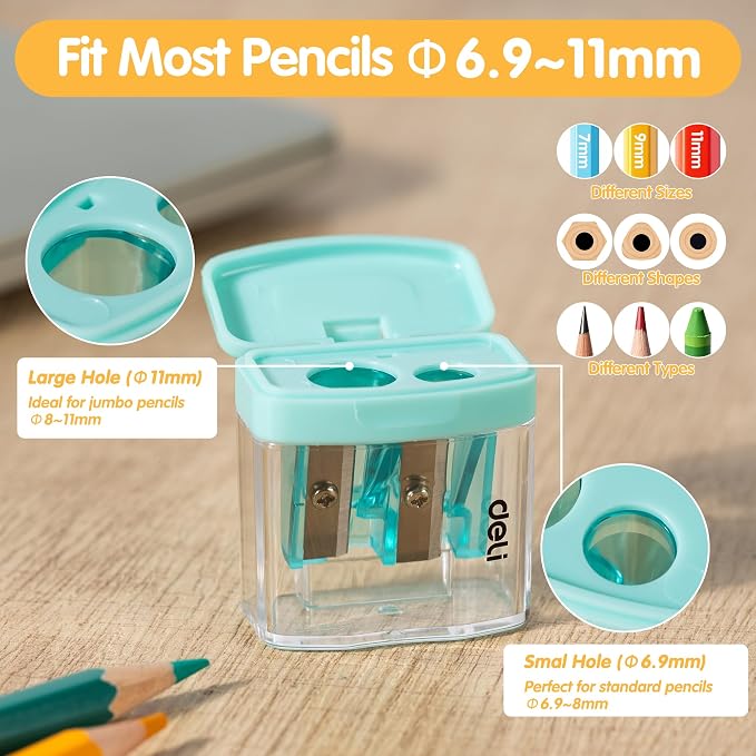 Deli Pencil Sharpener, 100 Pack Pencil Sharpeners Manual, Dual Holes Compact - Image 3