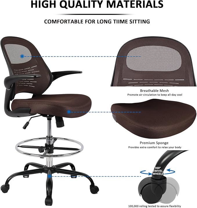 HYLONE Tall Drafting Chair Standing Desk Chair with Flip-Up Armrests, Adjustable Height Ergonomic Office Chair with Footrest Ring - High Stool Chair for Standing Desk (Brown)-DeskLoop Office