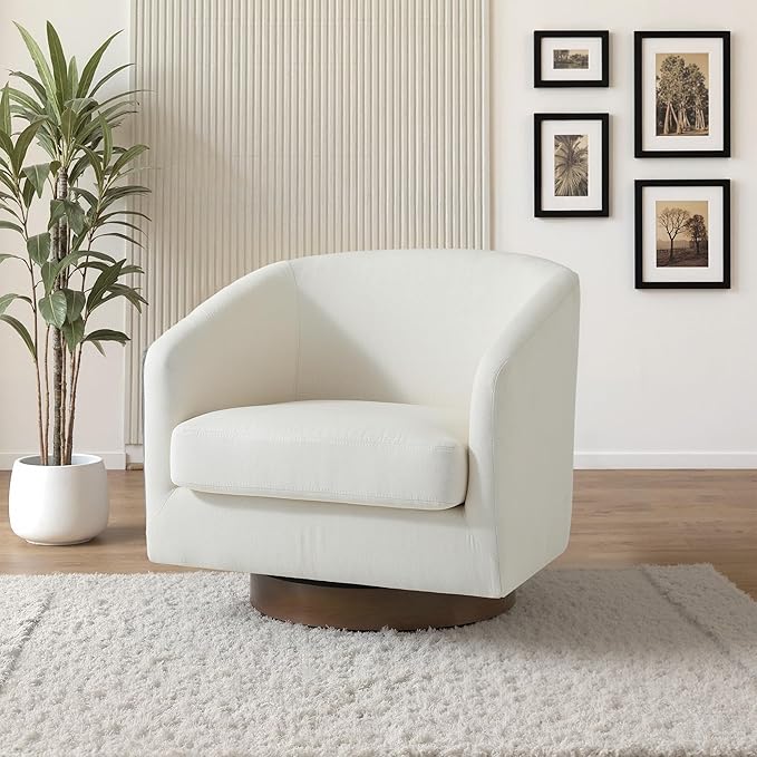 UIXE Swivel Accent Chair with Wood Base, Fabric Upholstered Barrel Chairs for Living Room, Comfy Round Armchair Single Sofa Bedroom Reading Seat - 31" W, Beige-DeskLoop Office
