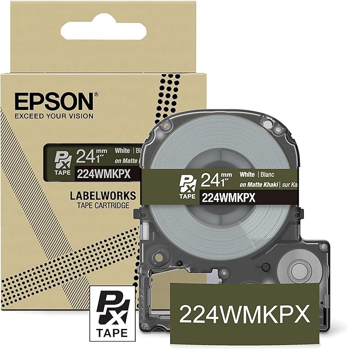 Epson LABELWORKS 224WMKPX Genuine PET (Polyester) Tape Cartridge - White on Matte Khaki Designer Craft Label Maker Tape - 1" (24MM) Wide, 26'-DeskLoop Office