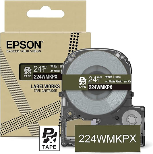 Epson LABELWORKS 224WMKPX Genuine PET (Polyester) Tape Cartridge - White on Matte Khaki Designer Craft Label Maker Tape - 1" (24MM) Wide, 26'-DeskLoop Office