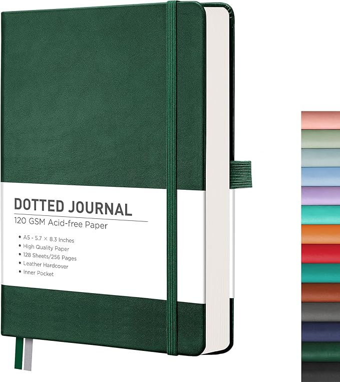 RETTACY Bullet Dotted Journal Notebook, 256 Pages, A5 Medium Size (5.7'' × 8.3''), Leather Hardcover, 120 GSM Thick Paper, for Bullet Journaling, Planning, Tracking (Dark Green)-DeskLoop Office