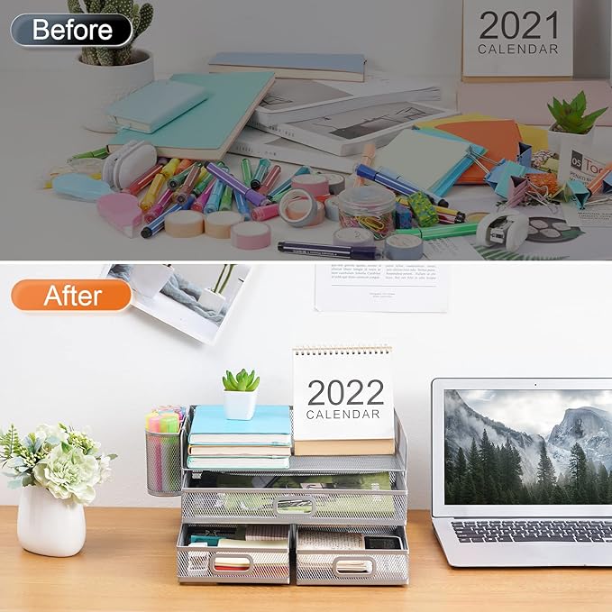 Marbrasse 3 Tier Mesh Desk Organizer with Drawer, Multi-Functional Desk Organizers and Accessories, Paper Letter Organizer with 2 Pen Holder for Home Office Supplies (Silver)-DeskLoop Office