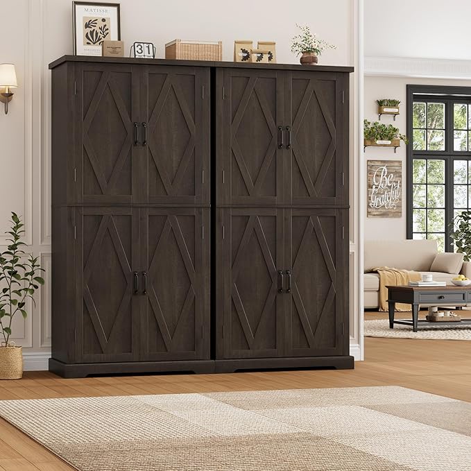 HOSTACK 64" Tall Pantry Cabinet, Modern Farmhouse Kitchen Pantry, Wood Bathroom Storage Cabinet, Large Bookcase, 4 Doors|Adjustable Shelves, for Dining Room, Living Room, Home Office, Dark Brown-DeskLoop Office