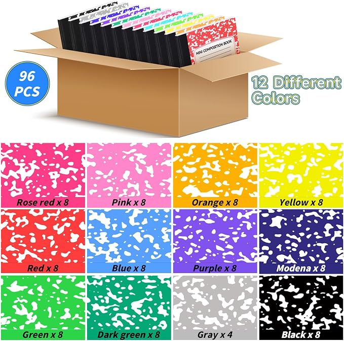 96 Pack 4.5" x 3.25" Mini Composition Notebooks Bulk 12 Color College Ruled - Image 3