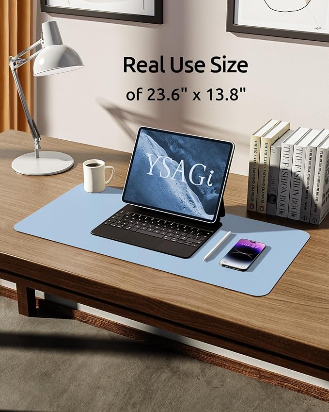 YSAGi Leather Desk Protector, Office Mat, Large Mouse Mat, Non-Slip PU Leather Blotter, Laptop Pad, Waterproof Writing Pad for Office and Home (Baby Blue, 23.6" x 13.8")-DeskLoop Office