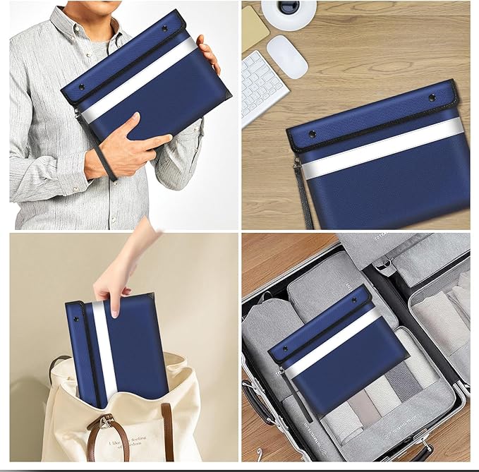 Fireproof Money Bag for Cash 11"x7.7",Upgraded 5200℉ Insulated Water Fire Proof Pouch with Water-resistant Zipper,Fireproof Envelopes for Important Documents,Valuables (Blue)-DeskLoop Office