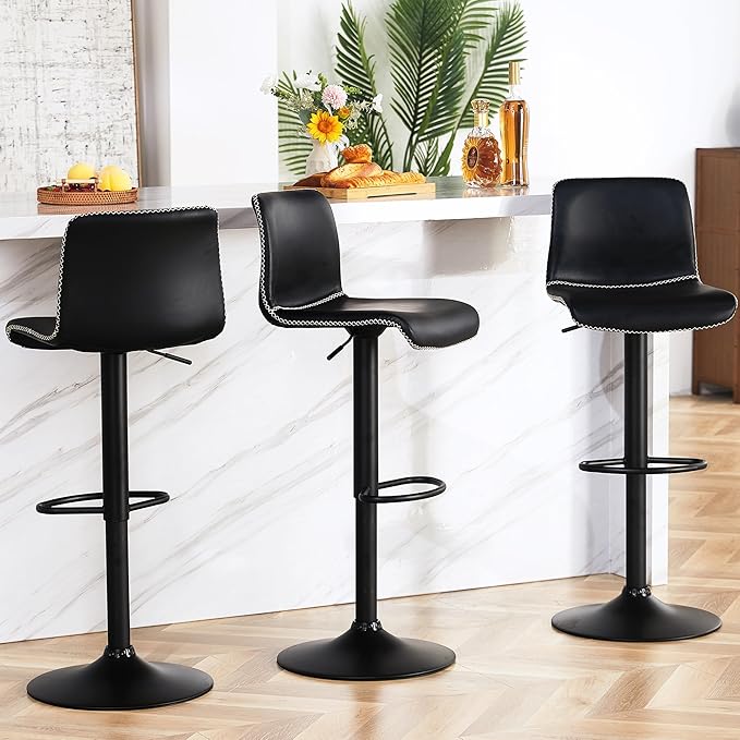 HeuGah Swivel Bar Stools Set of 2, Adjustable Counter Height Barstools with Back, Black Faux Leather Bar Chairs for Kitchen Island (Black, Set of 2 (24'' to 32''))-DeskLoop Office