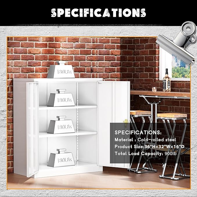 Greenvelly Metal Garage Storage Cabinet, Lockable Metal Cabinets with 2 Doors and Shelves,36”Steel Storage Locking Counter Cabinet for Office,Garage,Kitchen,Home,School(White)-DeskLoop Office