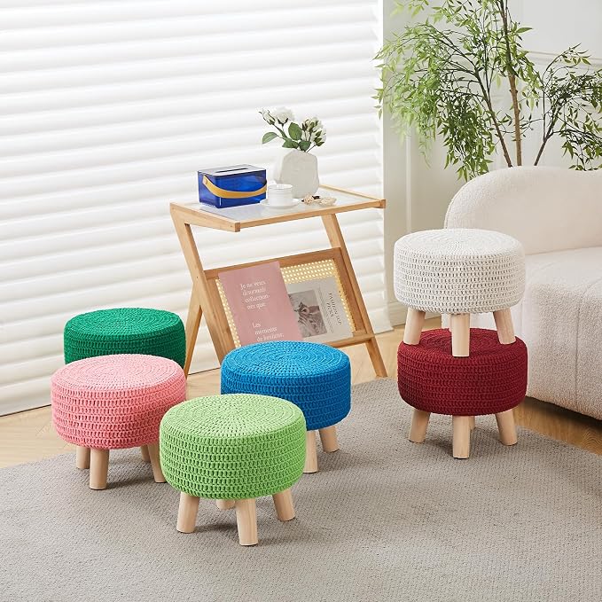 Wimarsbon Pouf Ottoman, 100% Cotton Knitted Boho Footstool, Round Footrest - Image 7