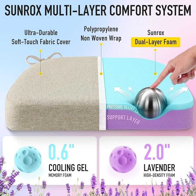 SUNROX Cooling Gel Memory Foam Chair Cushions, 2.6" Thick U-Shaped Dual-Layer - Image 2