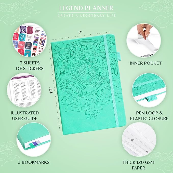Legend Planner PRO – Deluxe Weekly & Monthly Life Planner to Increase Productivity and Hit Your Goals. Time Management Organizer Notebook – Undated – 7 x 10" Hardcover + Stickers – Mint Green-DeskLoop Office