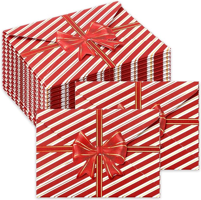 JarThenaAMCS 50Pcs Christmas Paper Gift Card Envelopes Bulk Red Bow Stripe Mini by JarThenaAMCS